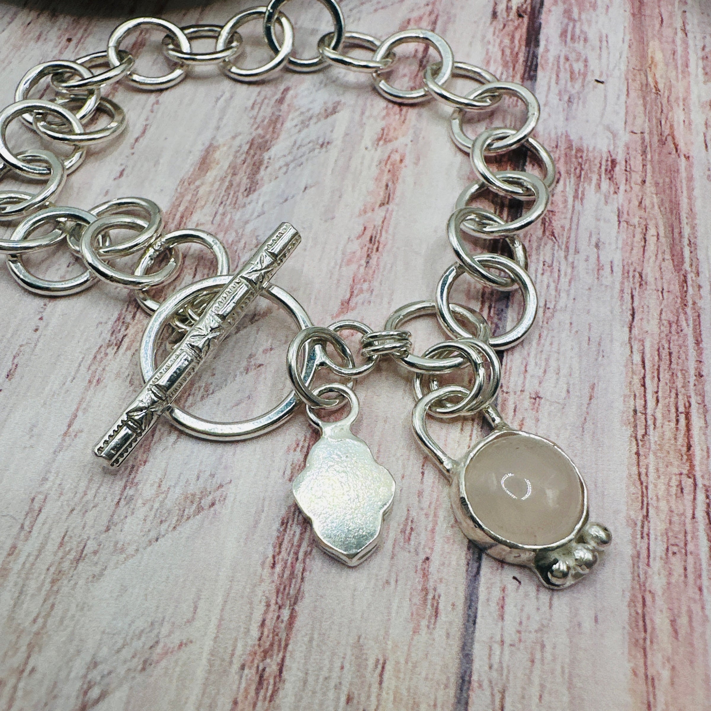 Rose Quartz Toggle Charm Bracelet Hallmarked