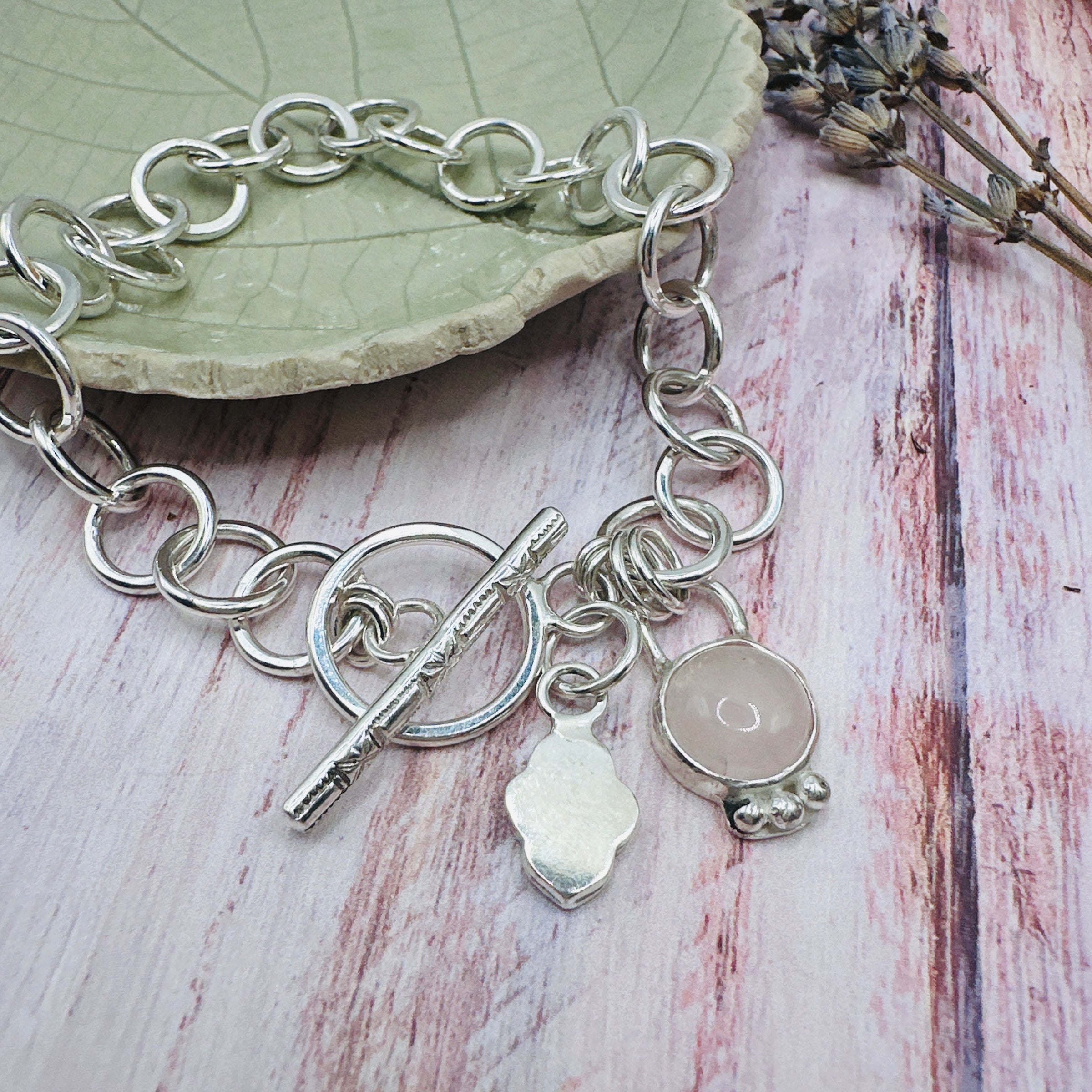 Rose Quartz Toggle Charm Bracelet Hallmarked