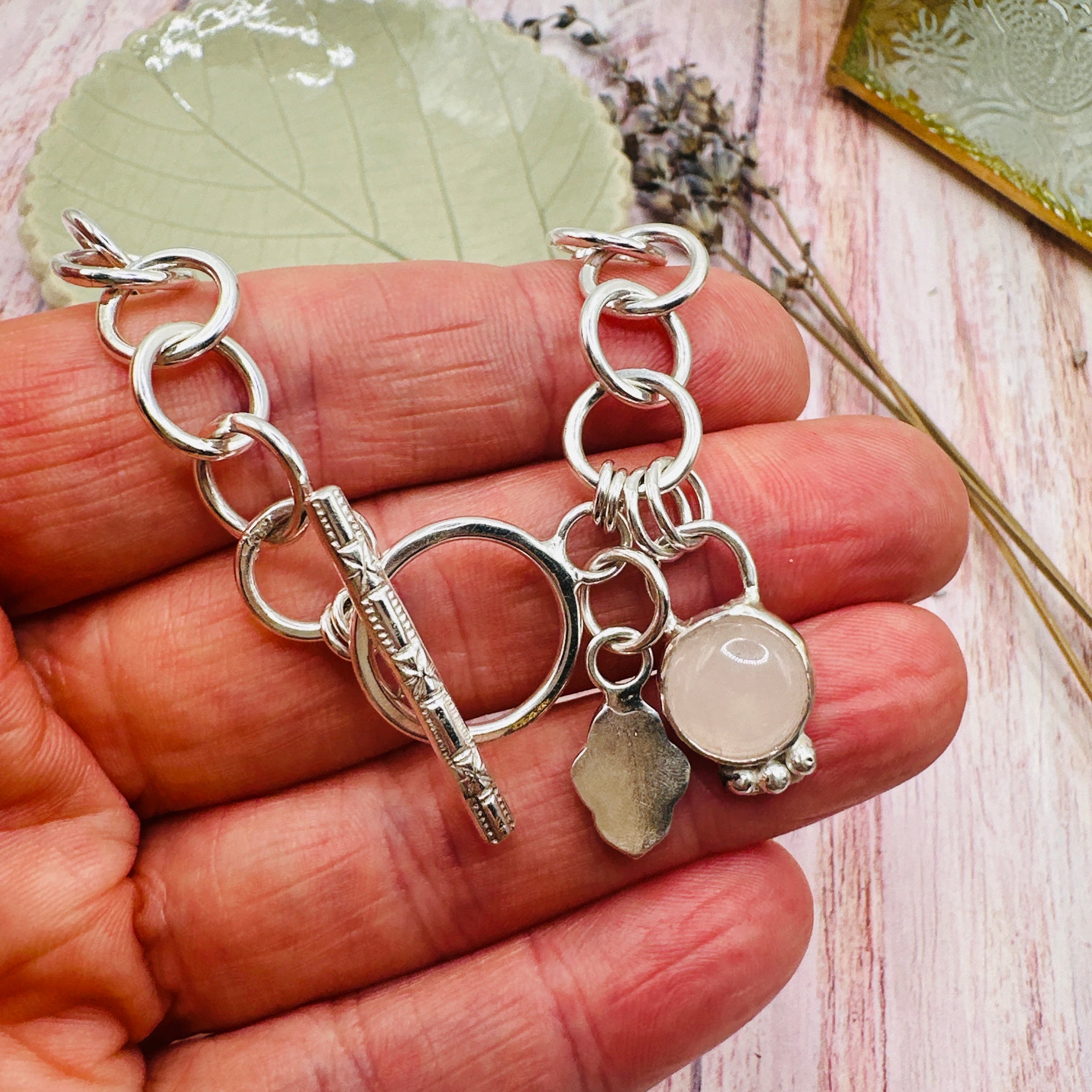 Rose Quartz Toggle Charm Bracelet Hallmarked