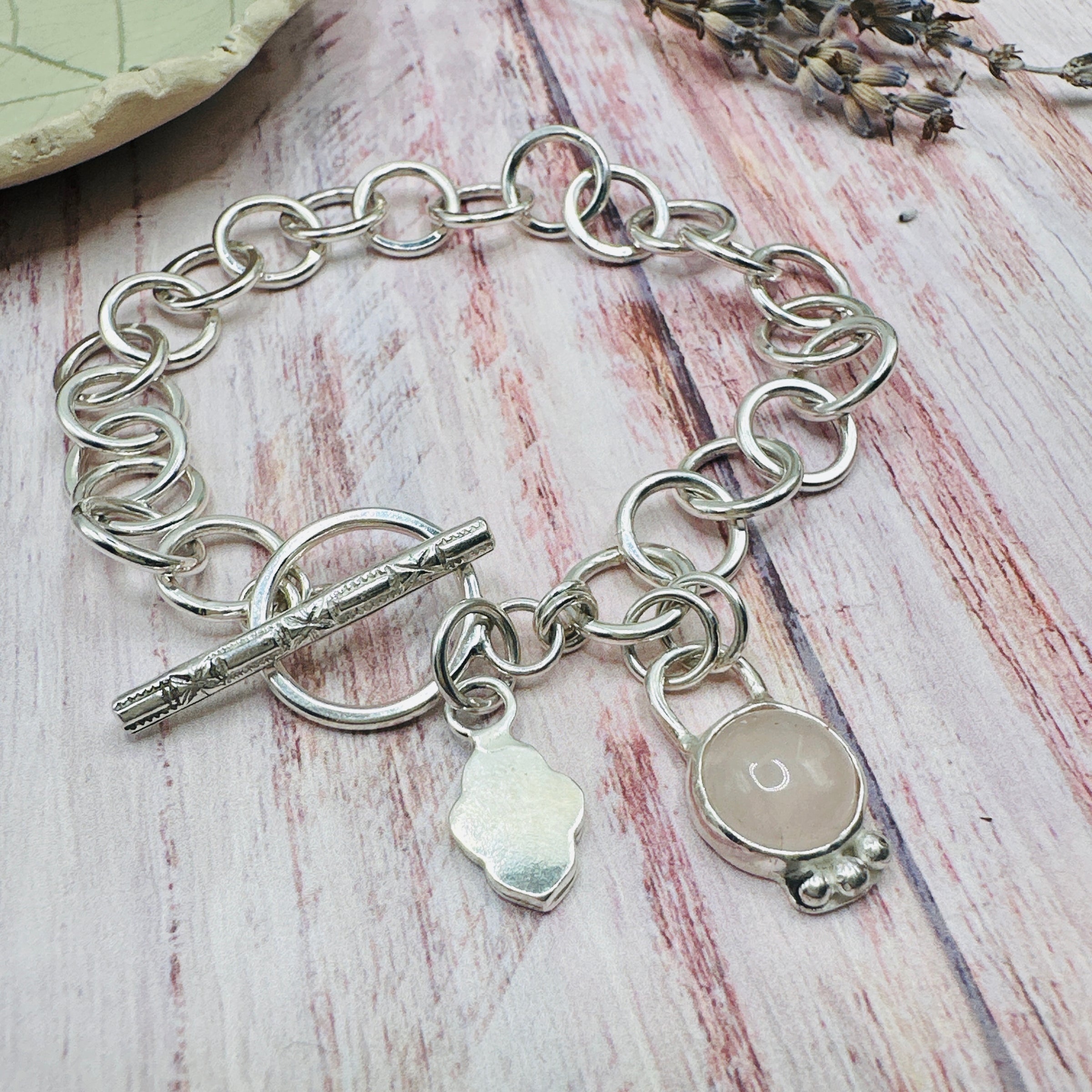 Rose Quartz Toggle Charm Bracelet Hallmarked