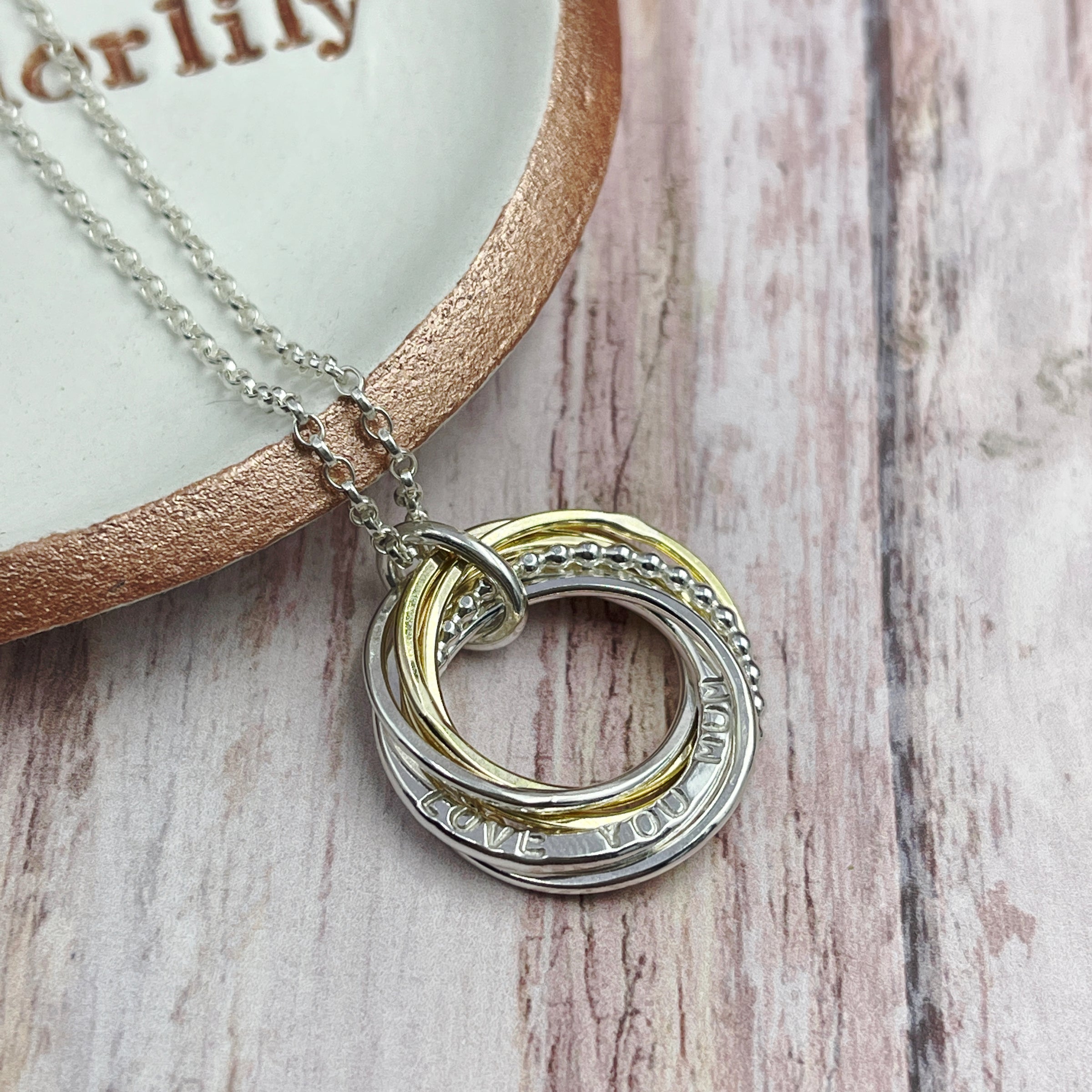 Personalised Name Necklace with Mixed Metals Rings - 6 Rings