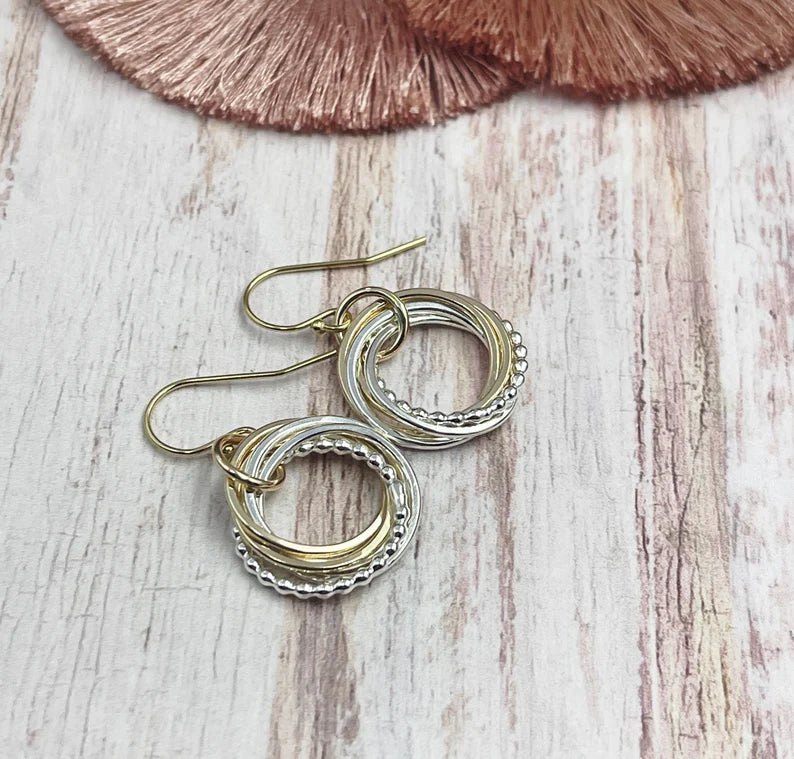 5 Ring Entwined Ring Mixed Metal Earrings