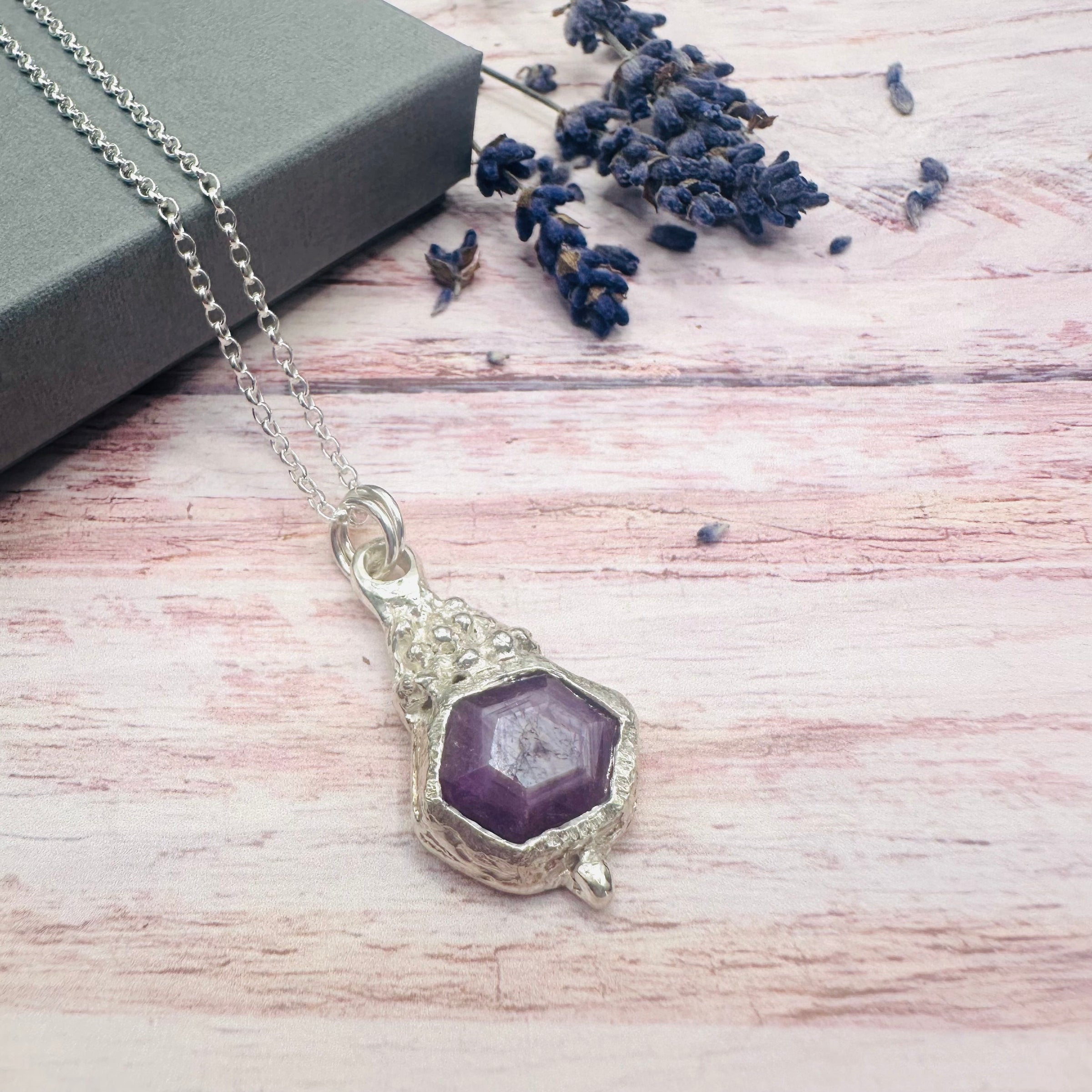 Pink Hexagon Sapphire Granulated Necklace