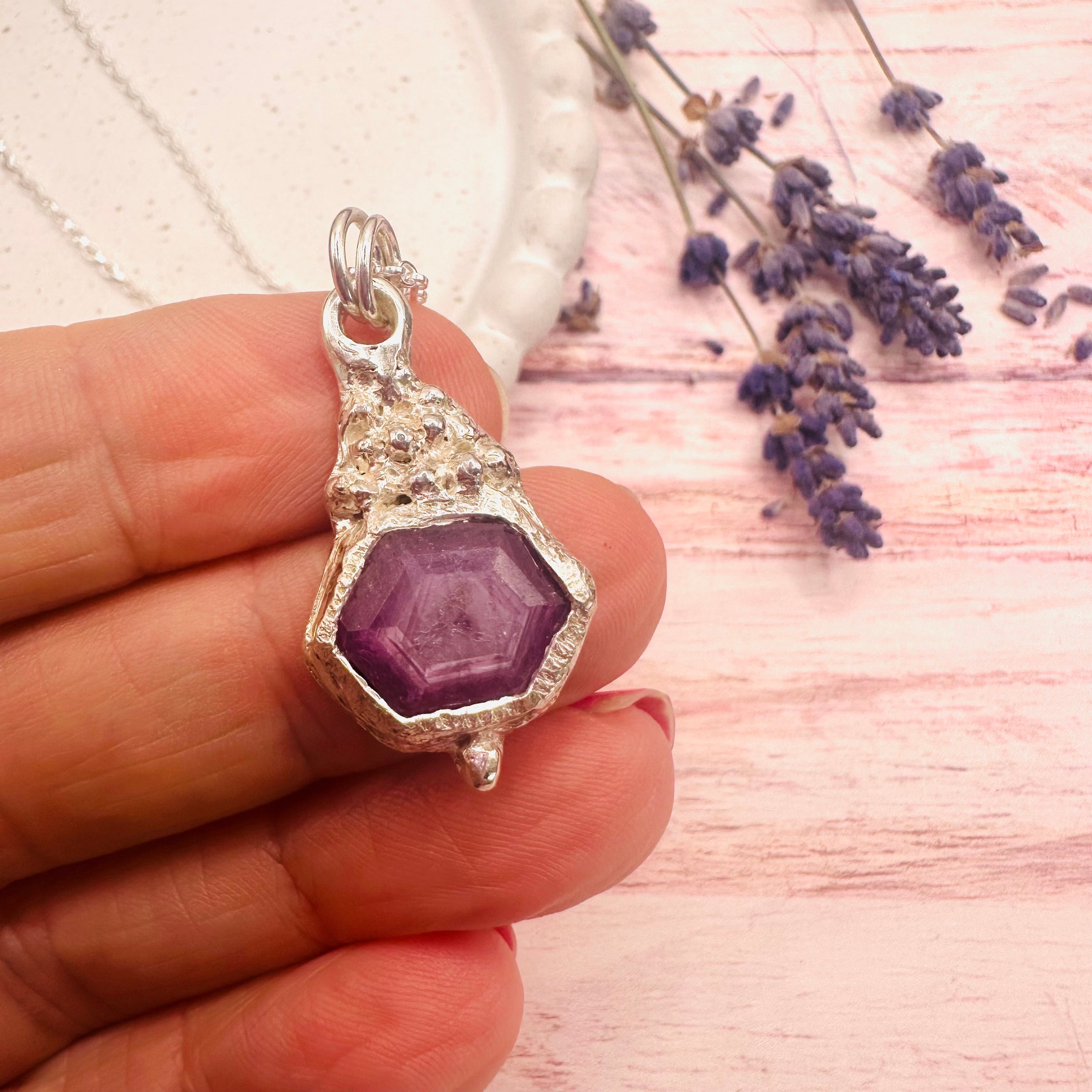 Pink Hexagon Sapphire Granulated Necklace
