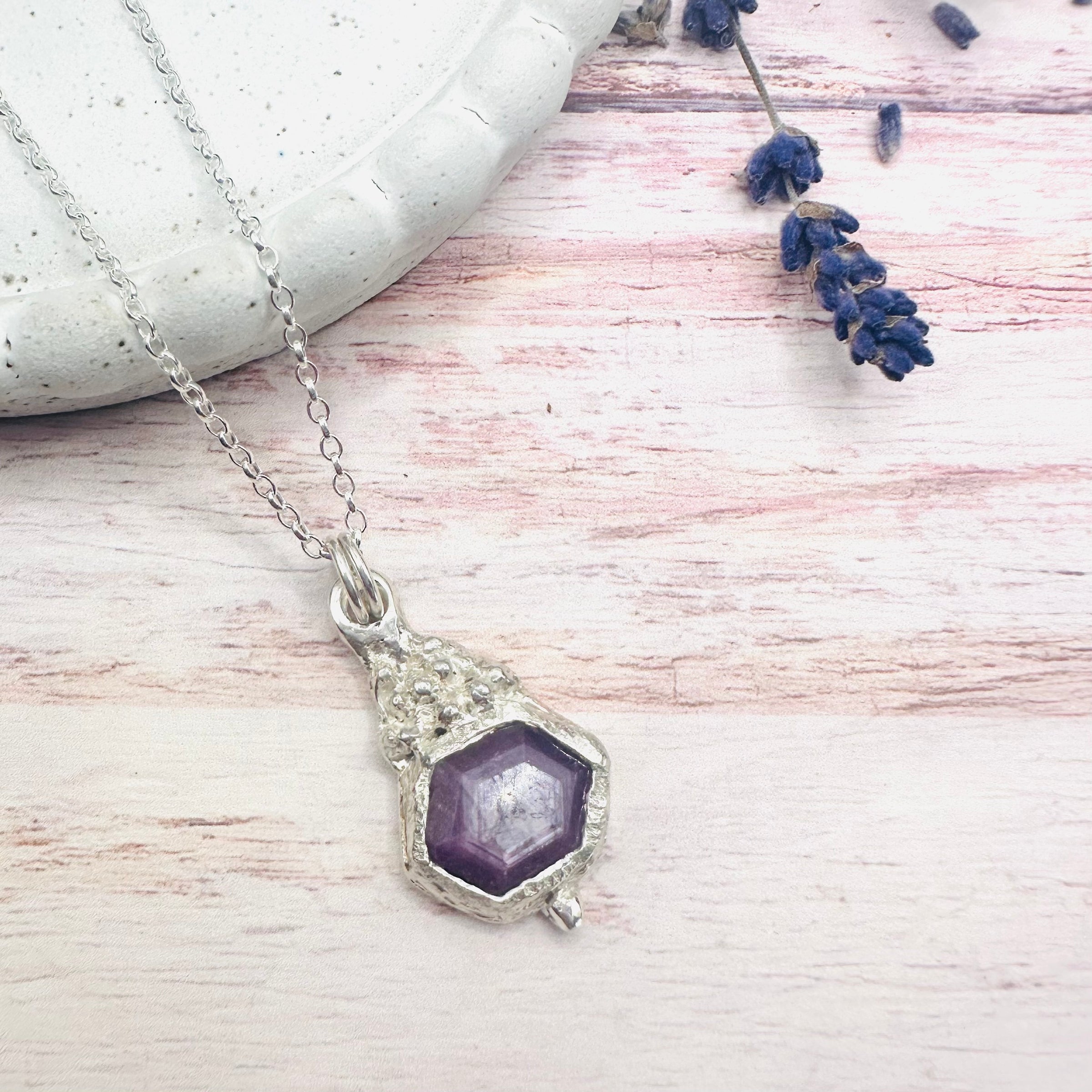Pink Hexagon Sapphire Granulated Necklace