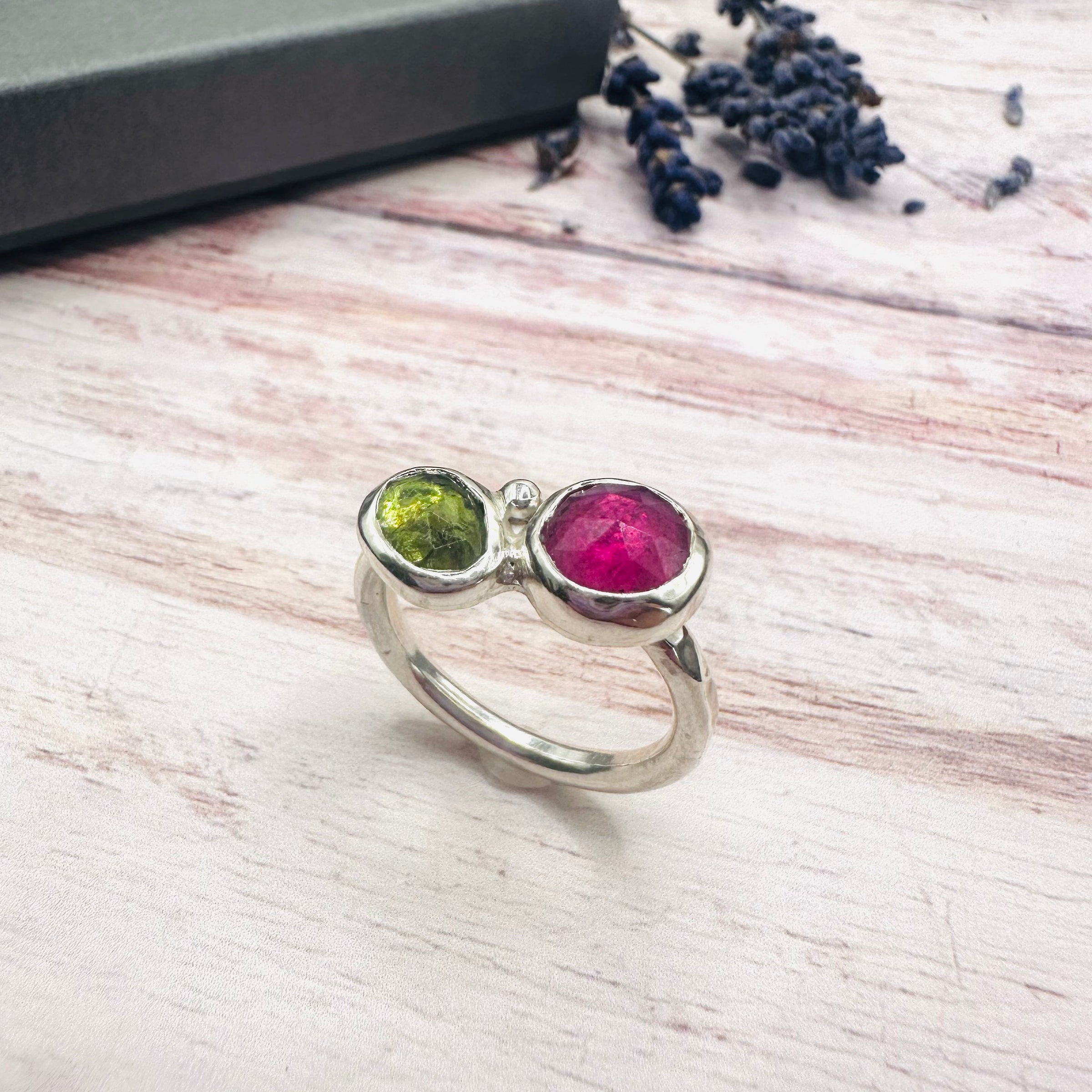 Pink Sapphire & Green Tourmaline Ring