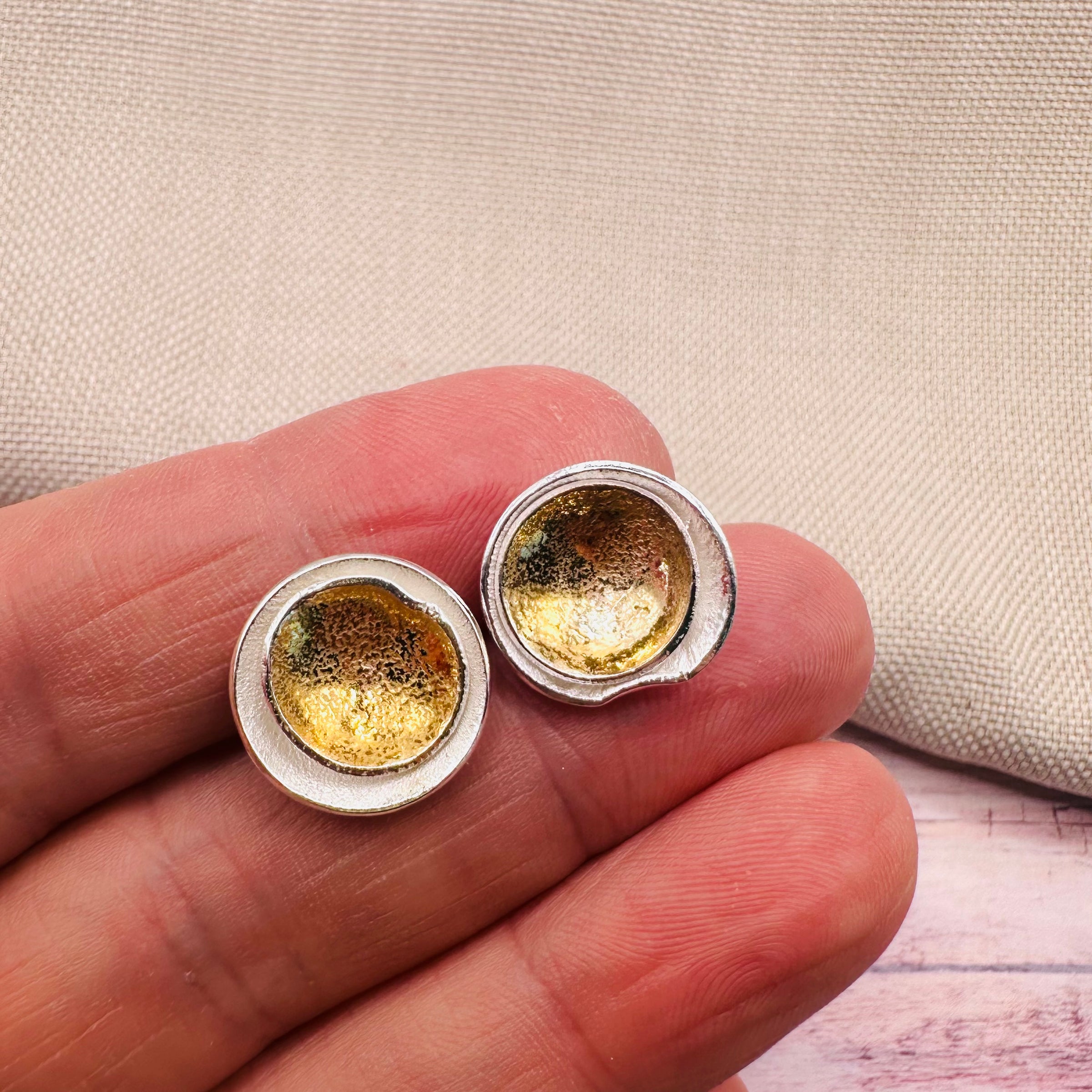 Eclipse Domed Earrings Silver & 14kt Gold