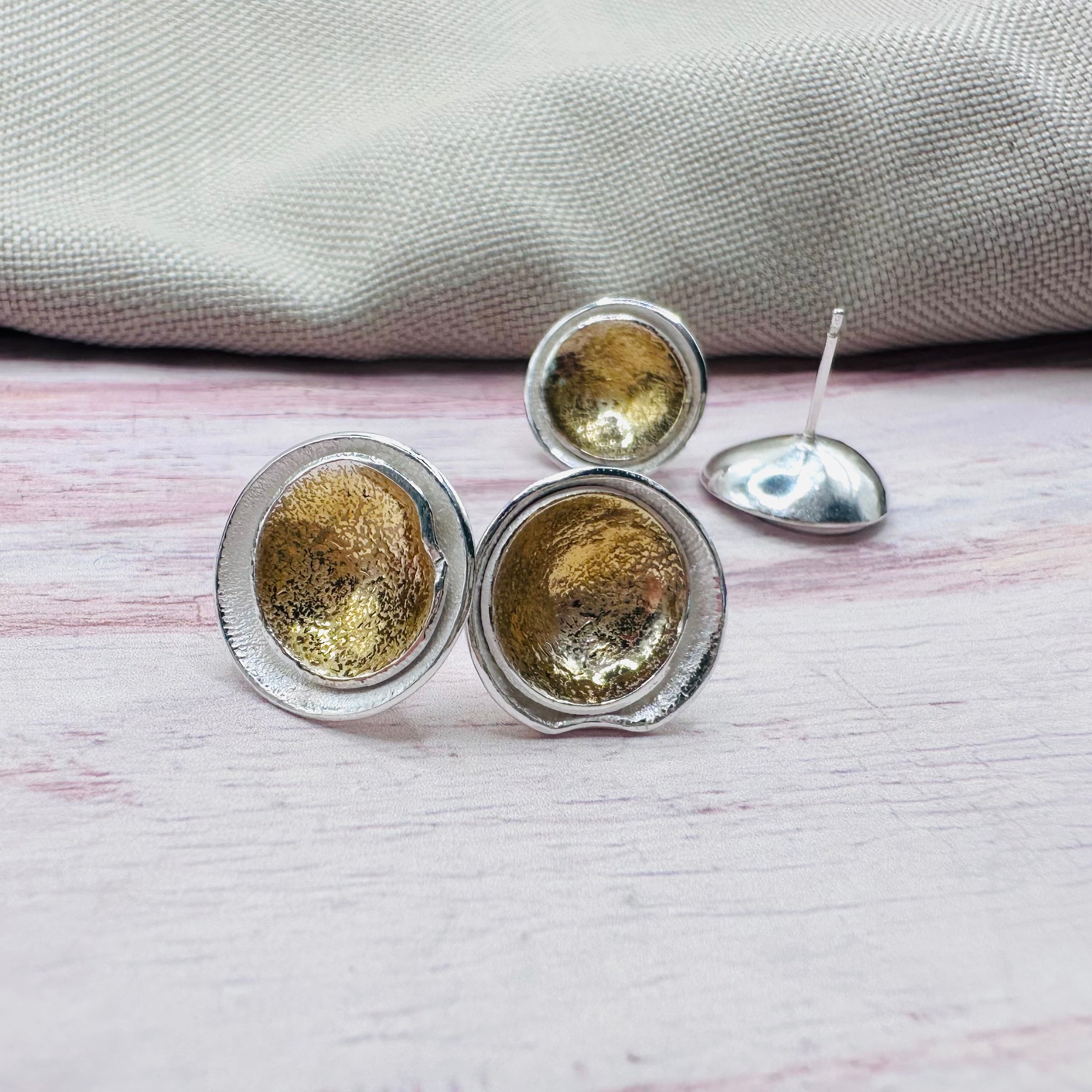 Eclipse Domed Earrings Silver & 14kt Gold