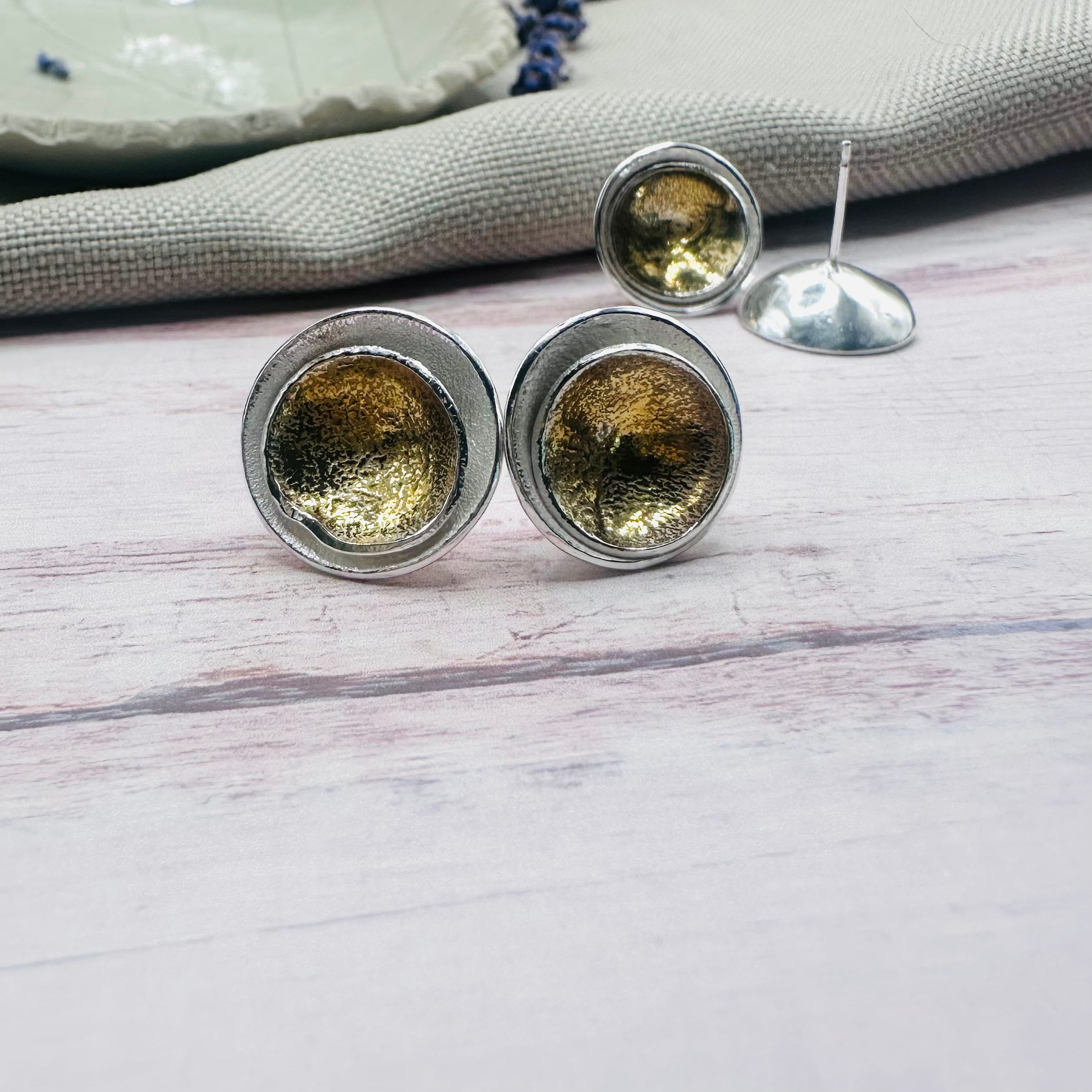Eclipse Domed Earrings Silver & 14kt Gold