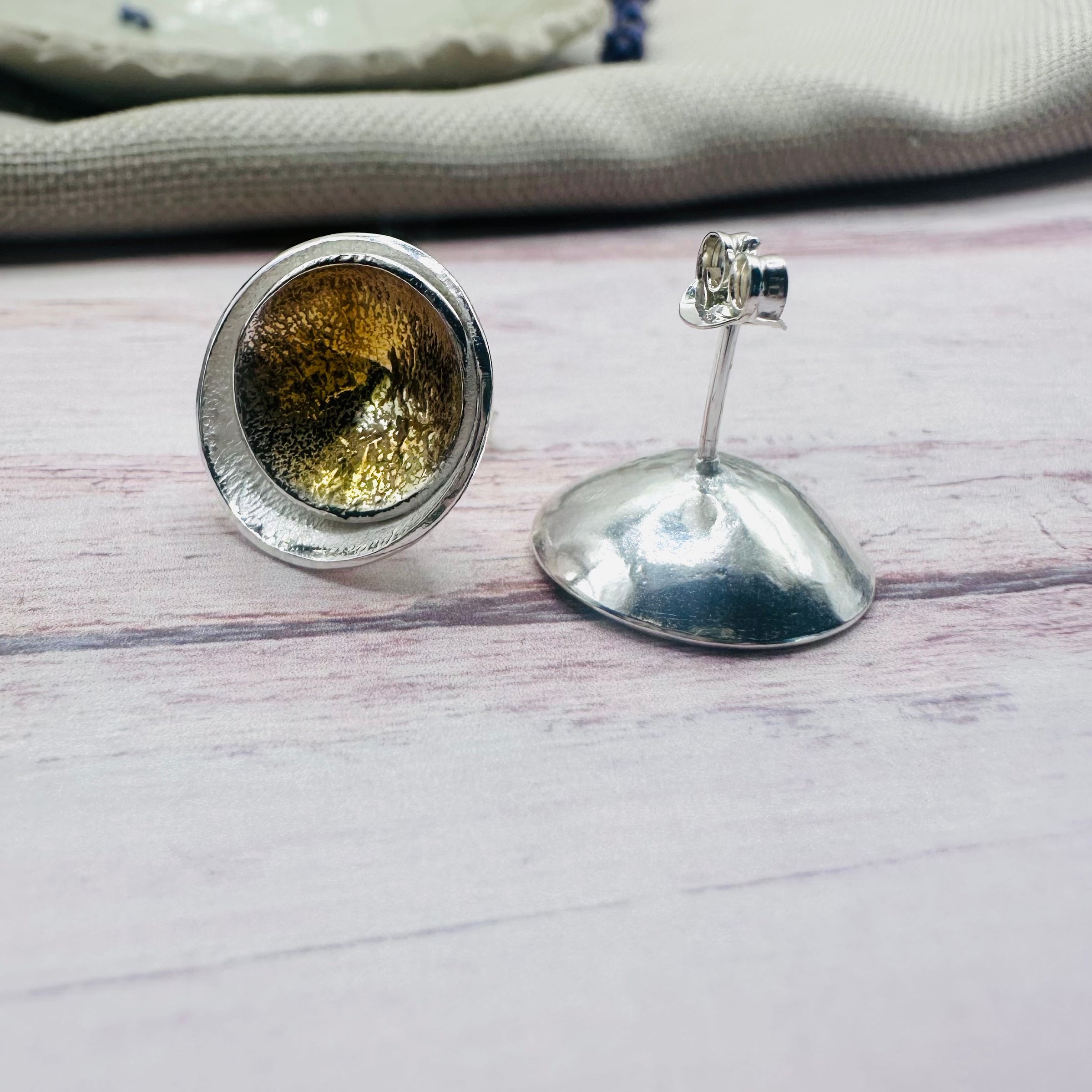 Eclipse Domed Earrings Silver & 14kt Gold