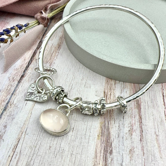 Rose Quartz Heart Charm Bangle