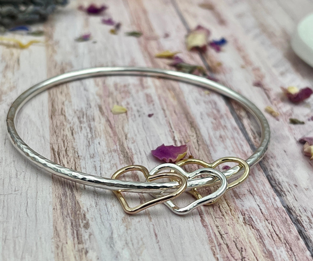 Solid Rose & Yellow 9ct Gold Hearts Bangle