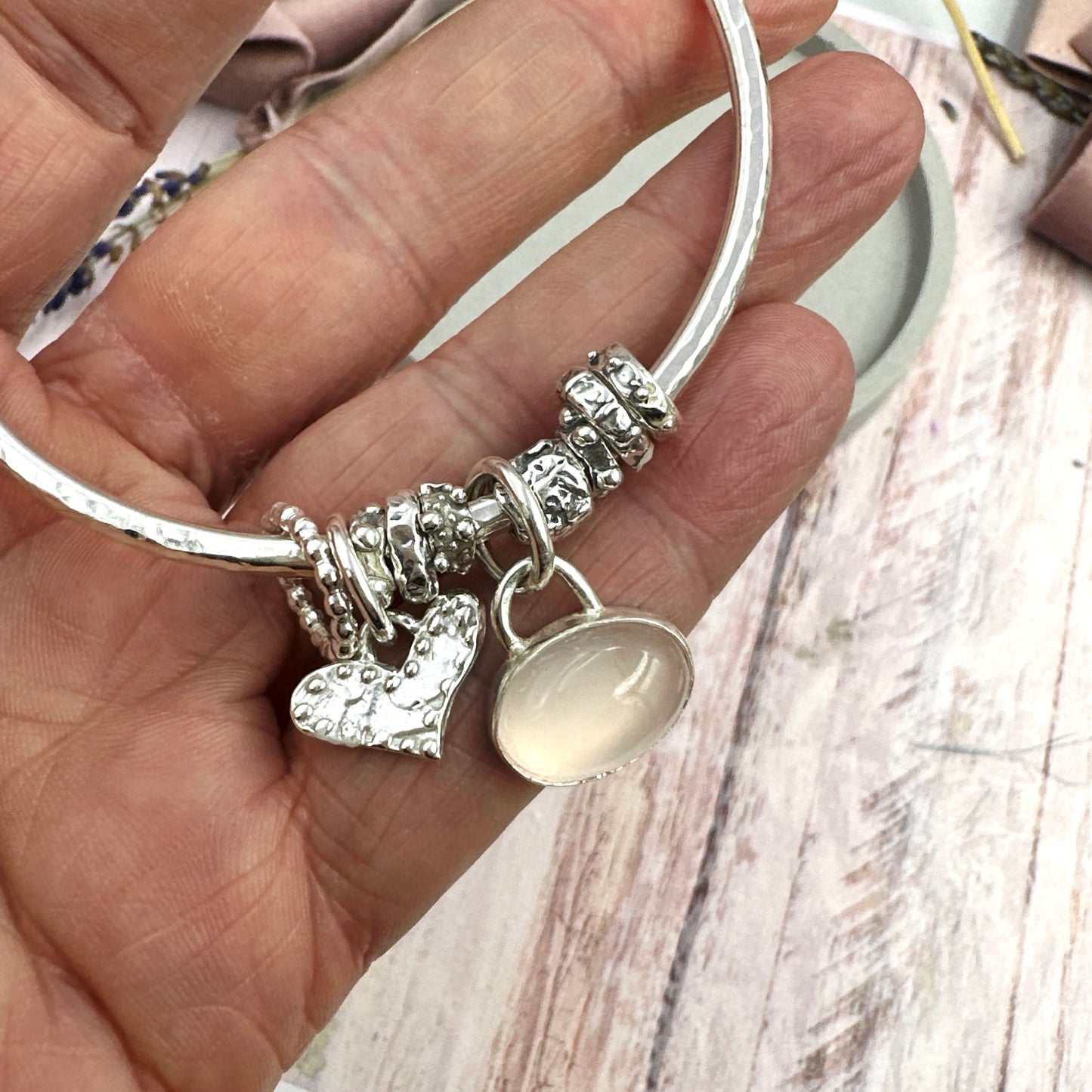 Rose Quartz Heart Charm Bangle