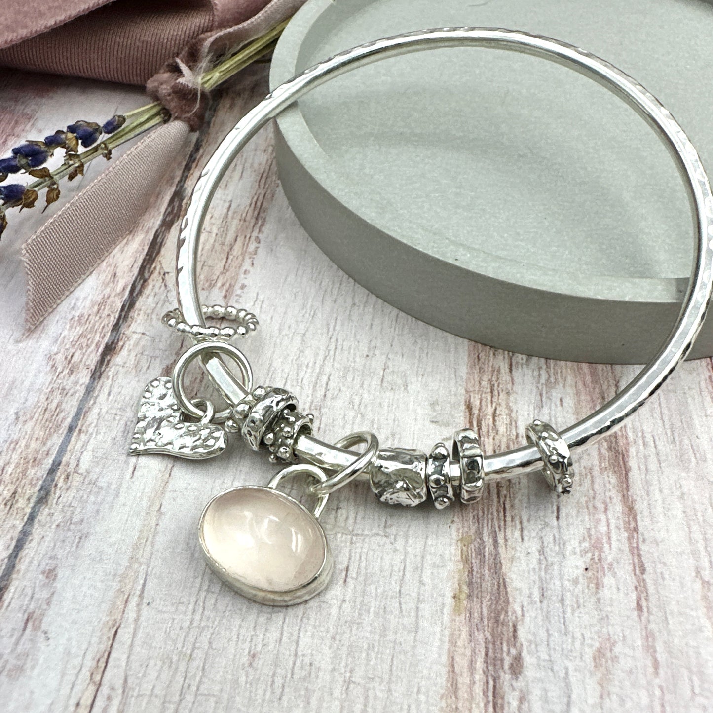 Rose Quartz Heart Charm Bangle