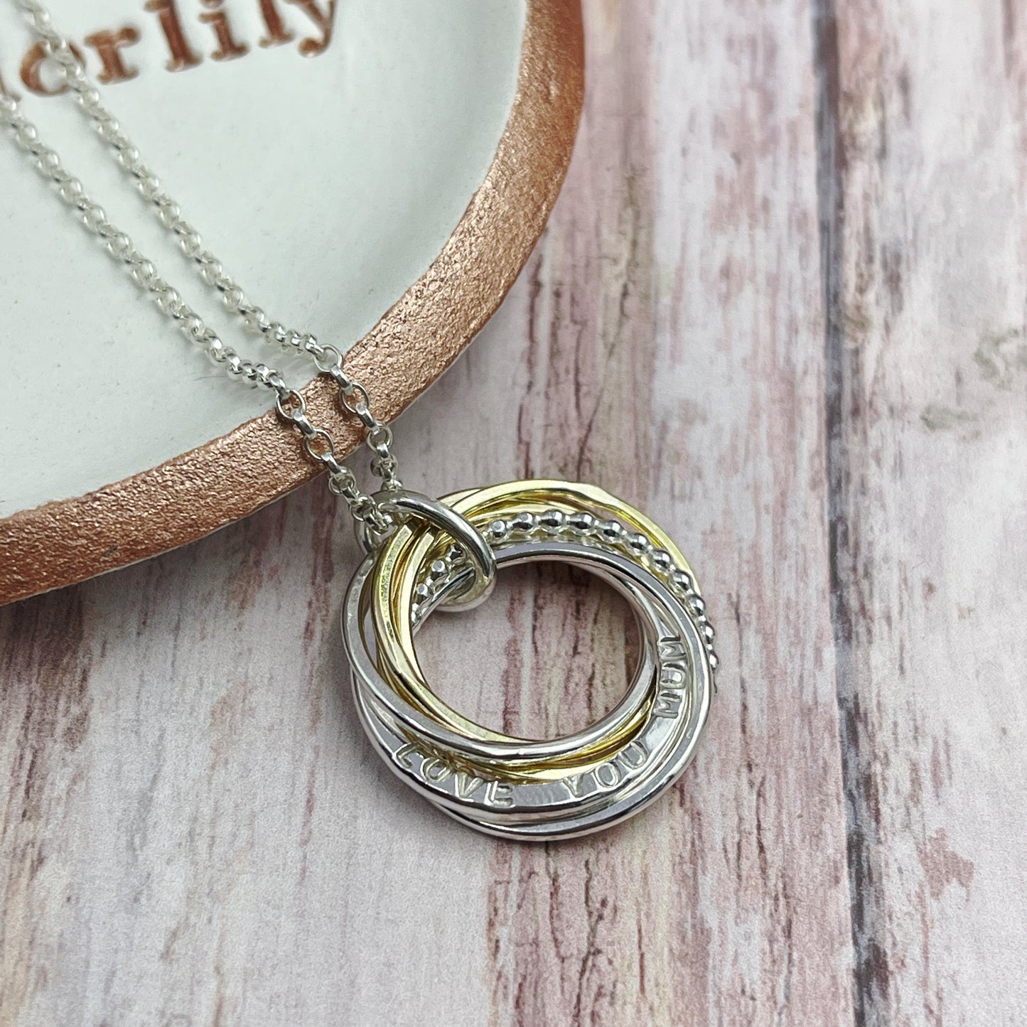 Personalised Name Necklace with Mixed Metals Rings - 5 to 9 Rings