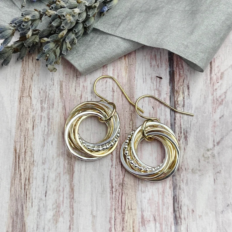 8 Rings Entwined Ring Mixed Metal Earrings